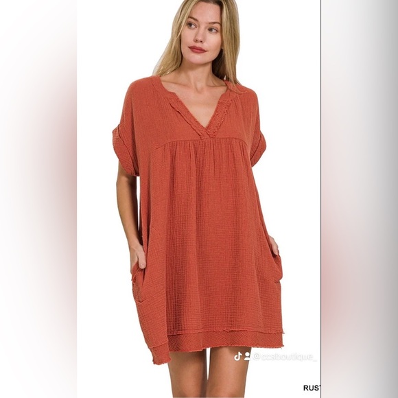 Rust Orange V-Neck Gauze Dress - Picture 1 of 3